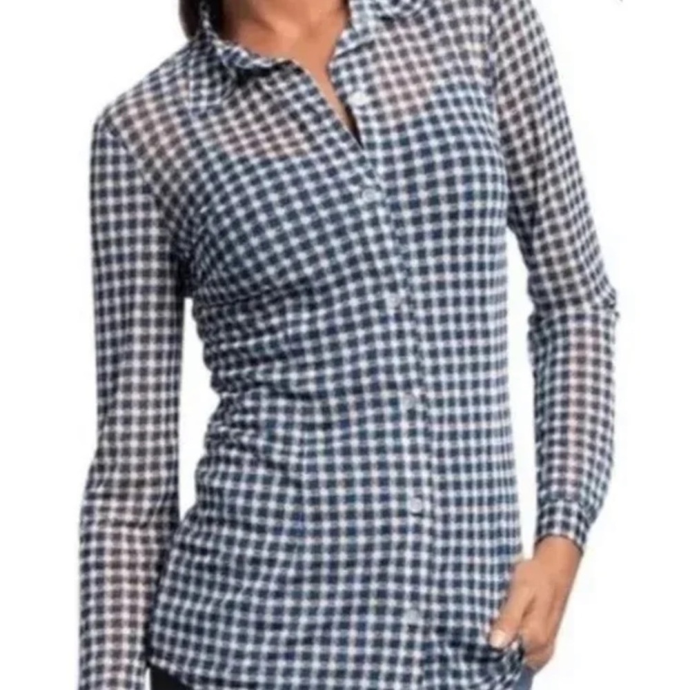CABI Sheer Mesh Button Blouse Blue/White M #736 EUC